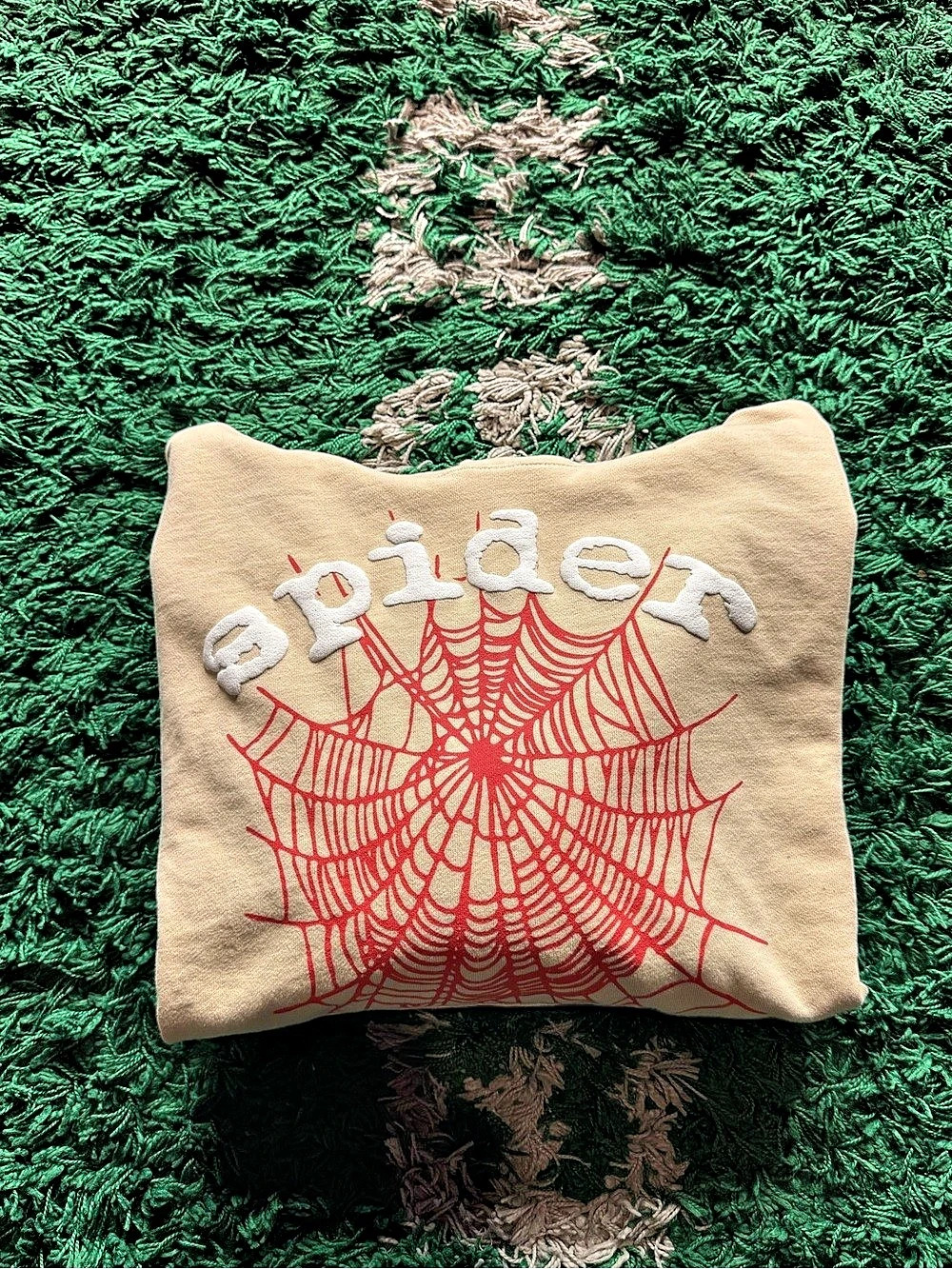 Sp5der Spider Web Graphic Hoodie in Beige & Red